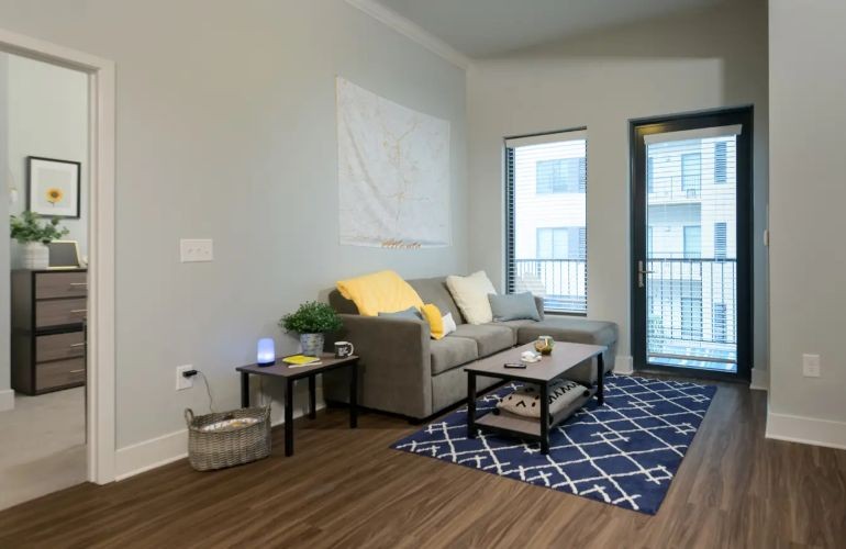 Living room with blue carpet